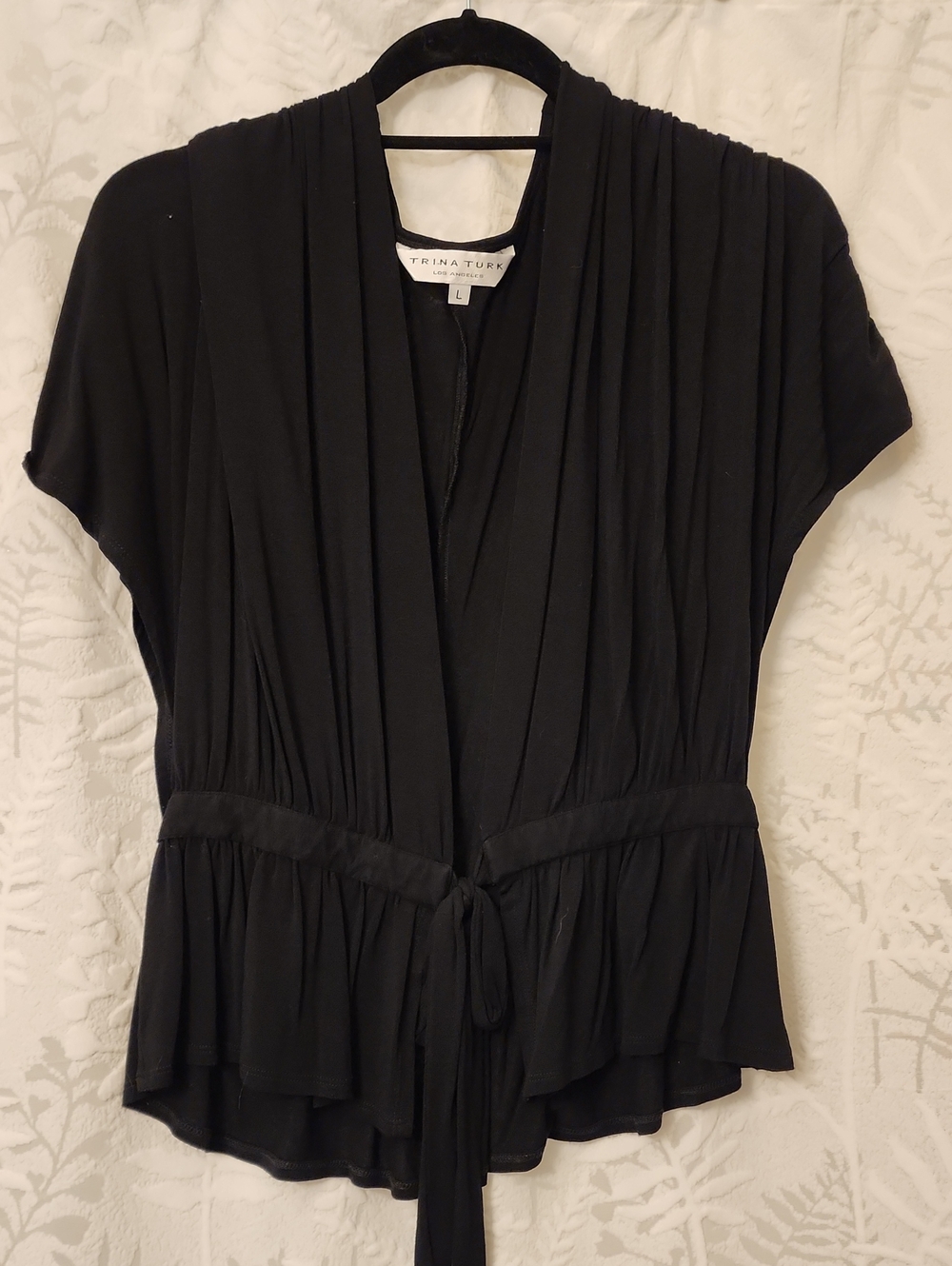Trina Turk Black V-Neck Draped Tie-Waist Blouse Large Soft